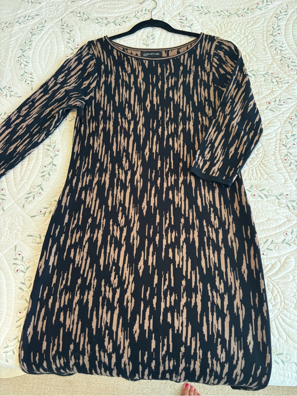 Jones New York Black and Taupe Abstract-Print Long Sleeve Sheath Dress